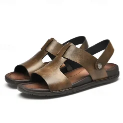 Men's Black Leather Sandals with Adjustable Strap, Stylish Cross-Design for Casual, Outdoor and Summer Wear