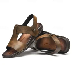 Men's Black Leather Sandals with Adjustable Strap, Stylish Cross-Design for Casual, Outdoor and Summer Wear