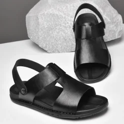 Men's Black Leather Sandals with Adjustable Strap, Stylish Cross-Design for Casual, Outdoor and Summer Wear