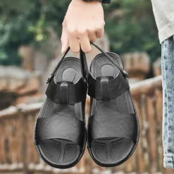 Men's Black Leather Sandals with Adjustable Strap, Stylish Cross-Design for Casual, Outdoor and Summer Wear