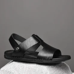 Men's Black Leather Sandals with Adjustable Strap, Stylish Cross-Design for Casual, Outdoor and Summer Wear