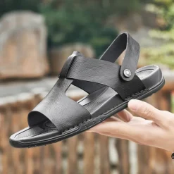 Men's Black Leather Sandals with Adjustable Strap, Stylish Cross-Design for Casual, Outdoor and Summer Wear