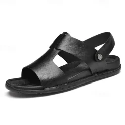 Men's Black Leather Sandals with Adjustable Strap, Stylish Cross-Design for Casual, Outdoor and Summer Wear