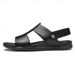 Men's Black Leather Sandals with Adjustable Strap, Stylish Cross-Design for Casual, Outdoor and Summer Wear