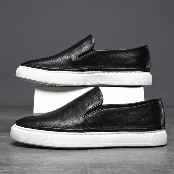 Men's Black Leather Slip-On Sneakers with Cushioned White Sole and Minimalist Design, Casual Loafers for Work, Travel and Everyday Wear