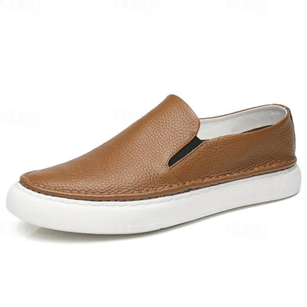 Men's Black Leather Slip-On Sneakers with Cushioned White Sole and Minimalist Design, Casual Loafers for Work, Travel and Everyday Wear
