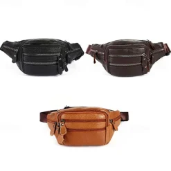 Men's Black Leather Waist Bag with Multiple Zippered Pockets - Stylish and Functional Fanny Pack for Travel and Everyday Use
