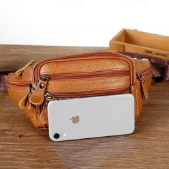 Men's Black Leather Waist Bag with Multiple Zippered Pockets - Stylish and Functional Fanny Pack for Travel and Everyday Use