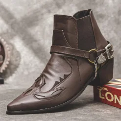 Men's Black Leather Western Motorcycle Boots - Embroidered Design with Metal Buckle and Chain for Biker and Fashion Wear