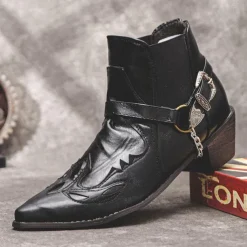 Men's Black Leather Western Motorcycle Boots - Embroidered Design with Metal Buckle and Chain for Biker and Fashion Wear