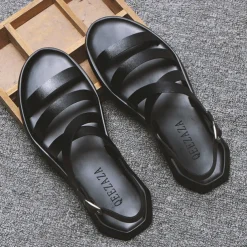 Men's Black Minimalist Faux Leather Sandals - Stylish Cross Strap Design with Buckle Closure for Summer Casual Wear