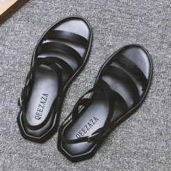 Men's Black Minimalist Faux Leather Sandals - Stylish Cross Strap Design with Buckle Closure for Summer Casual Wear