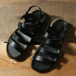 Men's Black Minimalist Faux Leather Sandals - Stylish Cross Strap Design with Buckle Closure for Summer Casual Wear