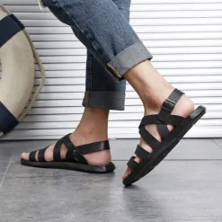 Men's Black Minimalist Faux Leather Sandals - Stylish Cross Strap Design with Buckle Closure for Summer Casual Wear