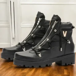 Men's Black Motorcycle Boots with Zipper and Metal Detailing for Urban and Casual Style
