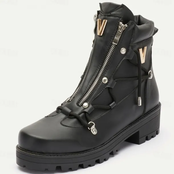 Men's Black Motorcycle Boots with Zipper and Metal Detailing for Urban and Casual Style