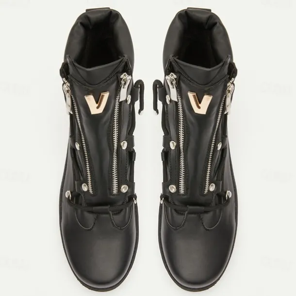 Men's Black Motorcycle Boots with Zipper and Metal Detailing for Urban and Casual Style