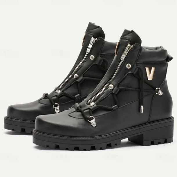 Men's Black Motorcycle Boots with Zipper and Metal Detailing for Urban and Casual Style