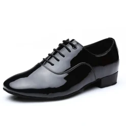 Men's Black Patent Faux Leather Lace-Up Dance Shoes with Soft Suede Sole – Classic Ballroom Shoes for Formal Events and Latin Dance