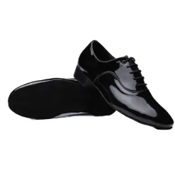 Men's Black Patent Faux Leather Lace-Up Dance Shoes with Soft Suede Sole – Classic Ballroom Shoes for Formal Events and Latin Dance