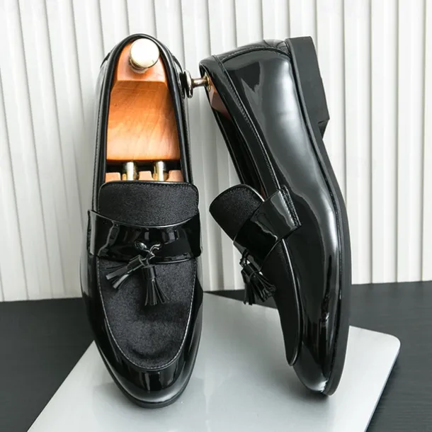 Men's Black Patent Faux Leather Tassel Loafers – Velvet Accent Slip-On Dress Shoes for Wedding and Formal Wear
