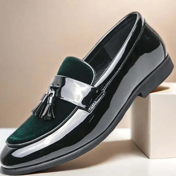 Men's Black Patent Faux Leather Tassel Loafers – Velvet Accent Slip-On Dress Shoes for Wedding and Formal Wear