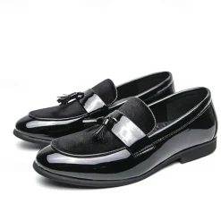 Men's Black Patent Faux Leather Tassel Loafers – Velvet Accent Slip-On Dress Shoes for Wedding and Formal Wear