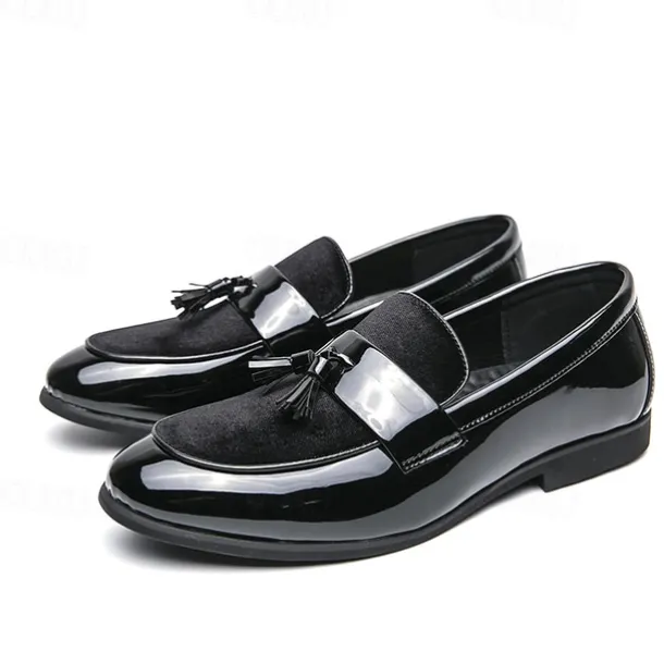 Men's Black Patent Faux Leather Tassel Loafers – Velvet Accent Slip-On Dress Shoes for Wedding and Formal Wear