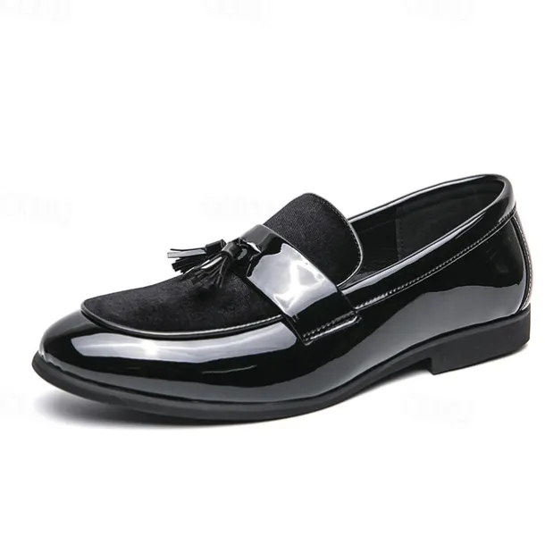 Men's Black Patent Faux Leather Tassel Loafers – Velvet Accent Slip-On Dress Shoes for Wedding and Formal Wear