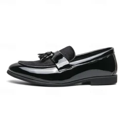 Men's Black Patent Faux Leather Tassel Loafers – Velvet Accent Slip-On Dress Shoes for Wedding and Formal Wear