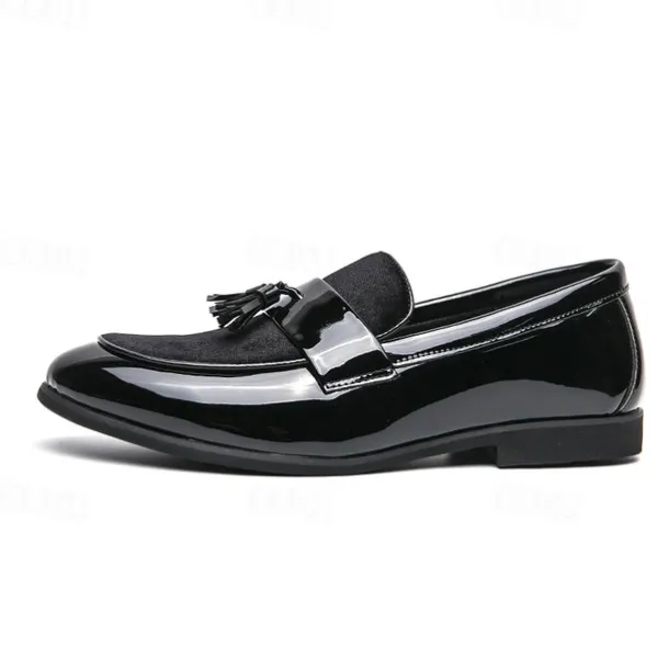 Men's Black Patent Faux Leather Tassel Loafers – Velvet Accent Slip-On Dress Shoes for Wedding and Formal Wear