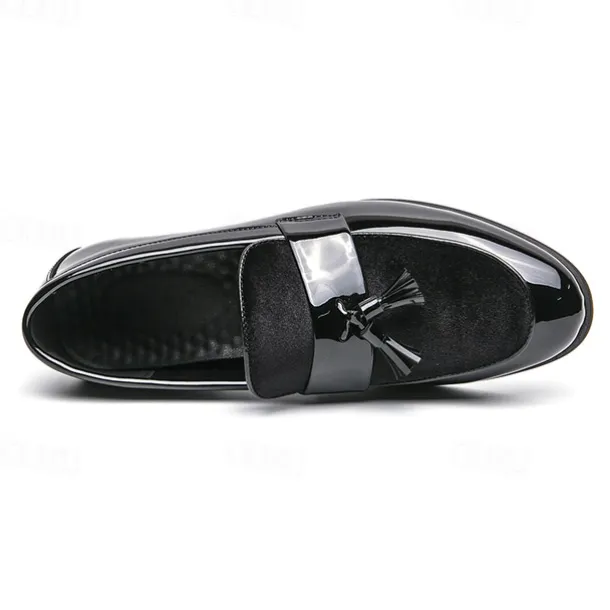 Men's Black Patent Faux Leather Tassel Loafers – Velvet Accent Slip-On Dress Shoes for Wedding and Formal Wear