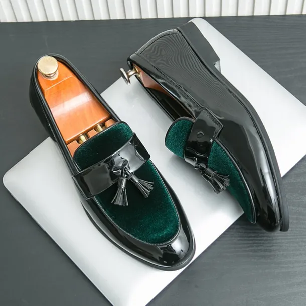 Men's Black Patent Faux Leather Tassel Loafers – Velvet Accent Slip-On Dress Shoes for Wedding and Formal Wear