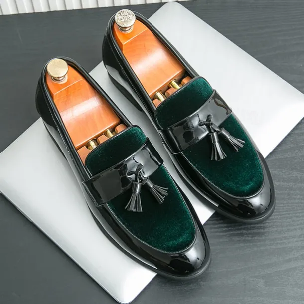 Men's Black Patent Faux Leather Tassel Loafers – Velvet Accent Slip-On Dress Shoes for Wedding and Formal Wear