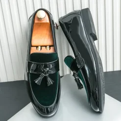 Men's Black Patent Faux Leather Tassel Loafers – Velvet Accent Slip-On Dress Shoes for Wedding and Formal Wear