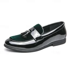 Men's Black Patent Faux Leather Tassel Loafers – Velvet Accent Slip-On Dress Shoes for Wedding and Formal Wear