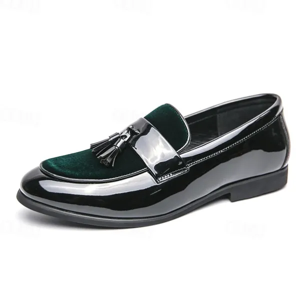 Men's Black Patent Faux Leather Tassel Loafers – Velvet Accent Slip-On Dress Shoes for Wedding and Formal Wear