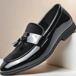 Men's Black Patent Faux Leather Tassel Loafers – Velvet Accent Slip-On Dress Shoes for Wedding and Formal Wear