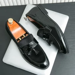 Men's Black Patent Faux Leather Tassel Loafers – Velvet Accent Slip-On Dress Shoes for Wedding and Formal Wear