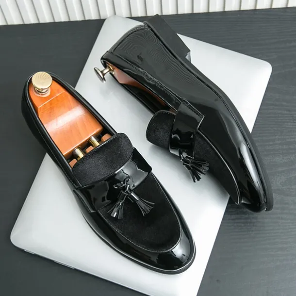 Men's Black Patent Faux Leather Tassel Loafers – Velvet Accent Slip-On Dress Shoes for Wedding and Formal Wear