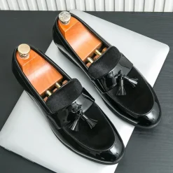 Men's Black Patent Faux Leather Tassel Loafers – Velvet Accent Slip-On Dress Shoes for Wedding and Formal Wear