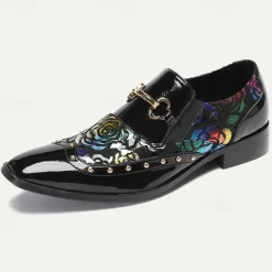 Men's Black Patent Leather Loafers with Gold Tip Floral and Metal Buckle–Premium Cowhide Formal Shoes for Weddings, Parties, and Special Occasions