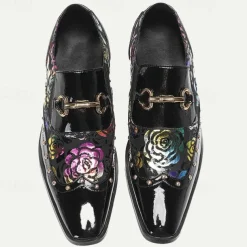 Men's Black Patent Leather Loafers with Gold Tip Floral and Metal Buckle–Premium Cowhide Formal Shoes for Weddings, Parties, and Special Occasions