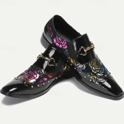 Men's Black Patent Leather Loafers with Gold Tip Floral and Metal Buckle–Premium Cowhide Formal Shoes for Weddings, Parties, and Special Occasions