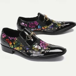 Men's Black Patent Leather Loafers with Gold Tip Floral and Metal Buckle–Premium Cowhide Formal Shoes for Weddings, Parties, and Special Occasions