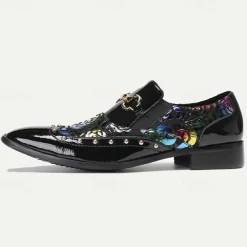 Men's Black Patent Leather Loafers with Gold Tip Floral and Metal Buckle–Premium Cowhide Formal Shoes for Weddings, Parties, and Special Occasions