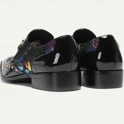 Men's Black Patent Leather Loafers with Gold Tip Floral and Metal Buckle–Premium Cowhide Formal Shoes for Weddings, Parties, and Special Occasions