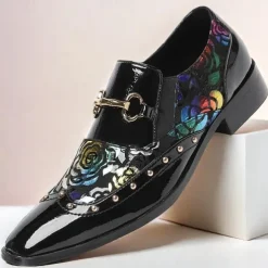 Men's Black Patent Leather Loafers with Gold Tip Floral and Metal Buckle–Premium Cowhide Formal Shoes for Weddings, Parties, and Special Occasions