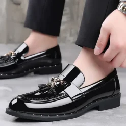 Men's Black Patent Leather Loafers with Tassel Details - Stylish Formal Dress Shoes for Office and Events
