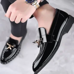 Men's Black Patent Leather Loafers with Tassel Details - Stylish Formal Dress Shoes for Office and Events